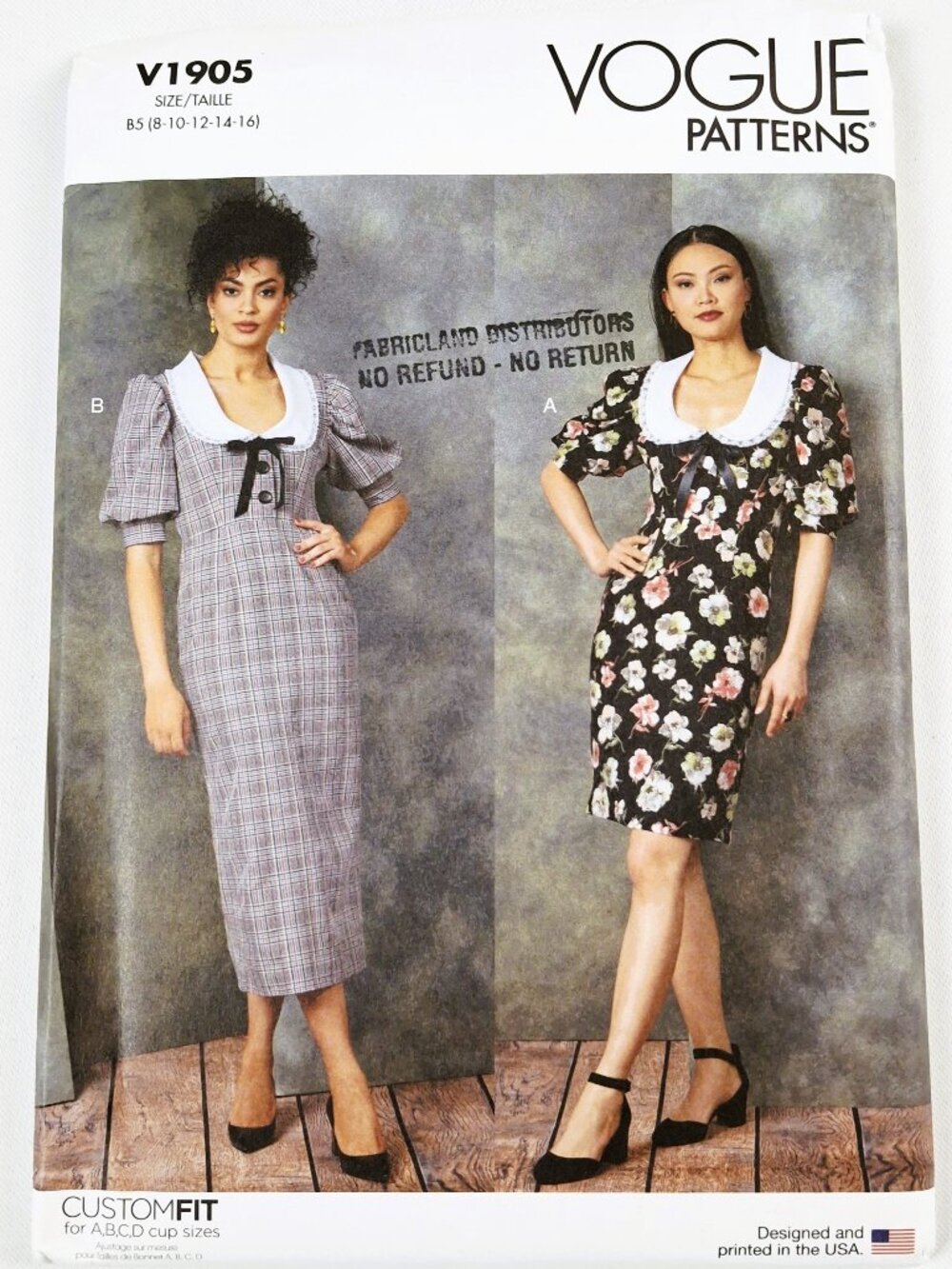 Vogue 1905 Sz 8-16 High Waist Dress Puff Sleeves Contrast Collar Pattern Uncut